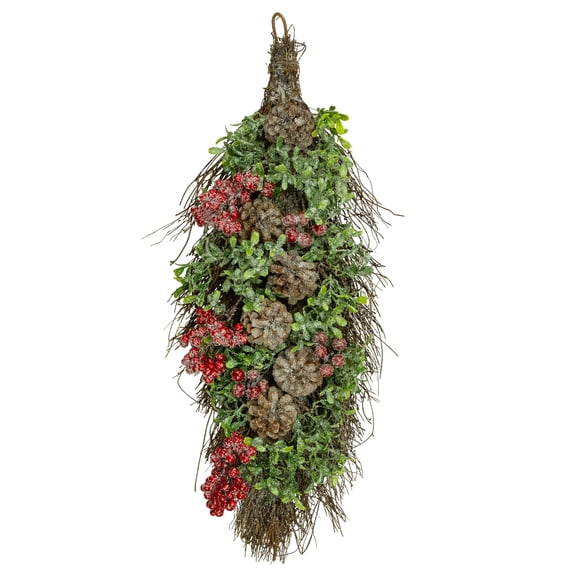 Northlight 28" Unlit Glittered Artificial Boxwood, Pine Cone and Red Berry Christmas Teardrop Swag