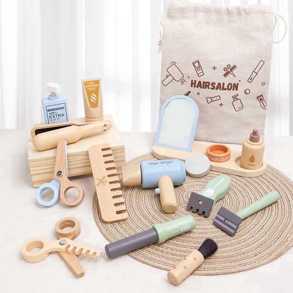 15-IN-1 Toddler Makeup Kit, Wooden Hair Salon Toy Playset for Kids 3-5 Fake Pretend Toy Cosmetic Realistic Gift With Storage Bag