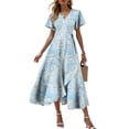thumbnail image 4 of felwors Summer Dresses for Women 2025 Casual V Neck Short Sleeve Floral Midi Dress Tie Waist Ruffle Boho Cute Summer Dress Sky Blue, M, 4 of 9