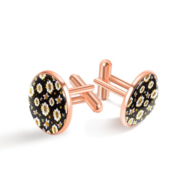 PhooArto Men's Classic Stainless Steel, Cartoon Bees Flowers Pattern Cufflinks Business Wedding Shirts, Rose Gold