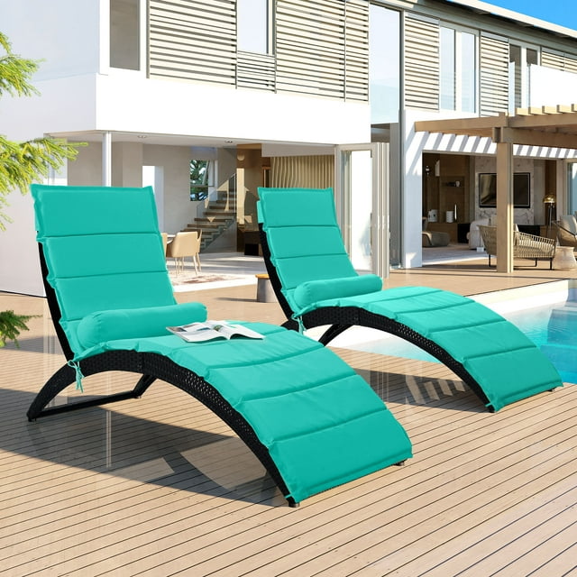 SYNGAR Chaise Lounge Chairs for Outside 2 Pieces, Patio Foldable Lounge Chairs Set of 2, Outdoor Rattan Wicker Pool Chaise Lounge Chairs Cushioned Poolside Chaise Lounge Set, Blue