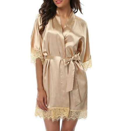 

ZAXARRA Women Satin Robe Kimono Dress Lace Gown Sleepwear