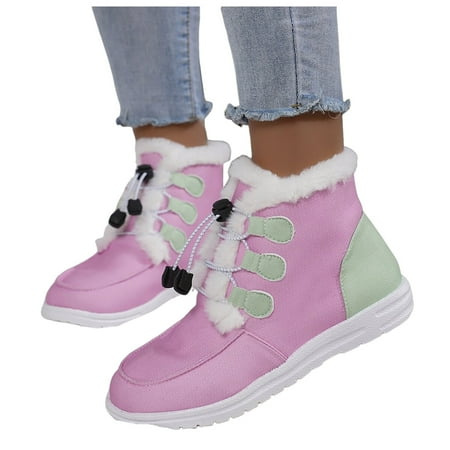 fukaraa Women s Winter Ankle Boots Fleece Warm Cotton Shoes Non-slip Round Toe Flats Slip-on Snow Boots