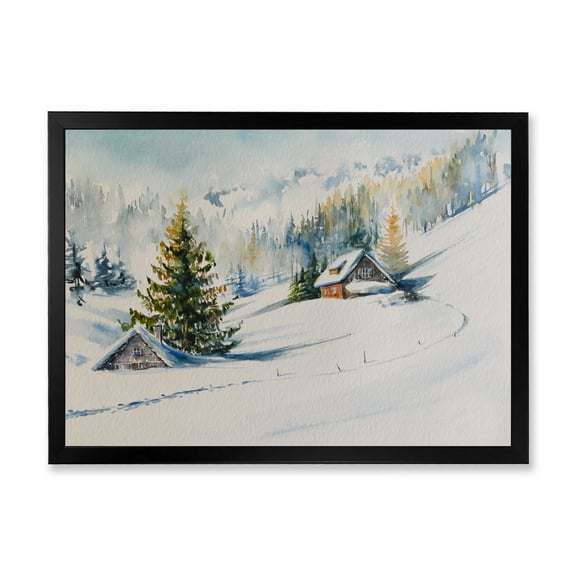 Designart 'The Winter Mountains With Little House' Traditional Framed Art Print