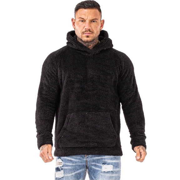 Fuzzy Hoodie Sweatshirt Men Fashion Winter Outwear Black Size L