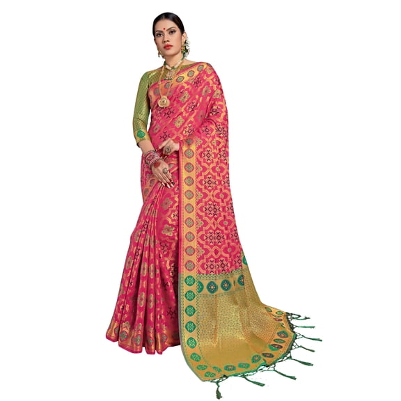 Sarees for Women Banarasi Patola Art Silk Woven Saree l Indian Ethnic Wedding Gift Sari with Unstitched Blouse Pink