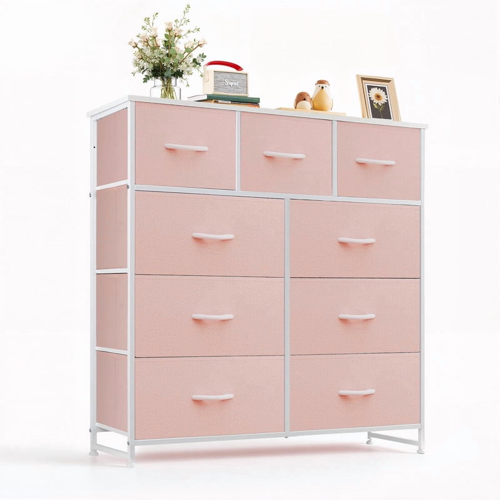 Bigleap 9 Drawers Dresser for Bedroom, Fabric Dresser with Sturdy Steel Frame, Wooden Top & Easy Pull Fabric Bins,Pink