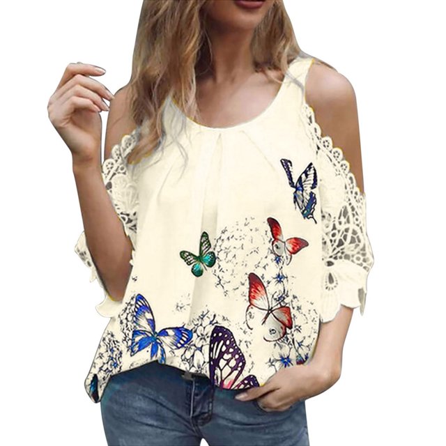 SMihono Hauts pour Femmes Été Chic Décontracté T-shirt à Col Rond pour Femmes à Imprimé Papillon Décontracté à Manches Courtes T-shirt Ajouré Hauts Grande Taille T-shirt