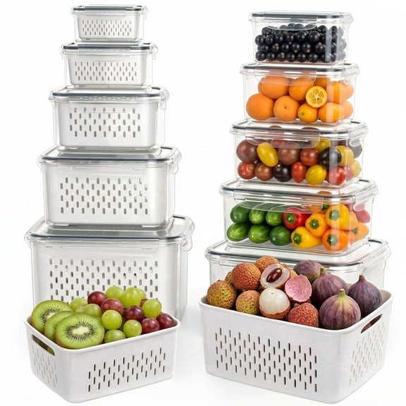 5-Pack Fruit Storage Containers for Refrigerator, Airtight Food Organizer with Double Layer Drain Design