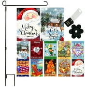 Holiday Garden Flag Set of 10 - 12"x18" Double Sided Flags for Outdoors with Black Garden Flagpole 34"H x 17"W