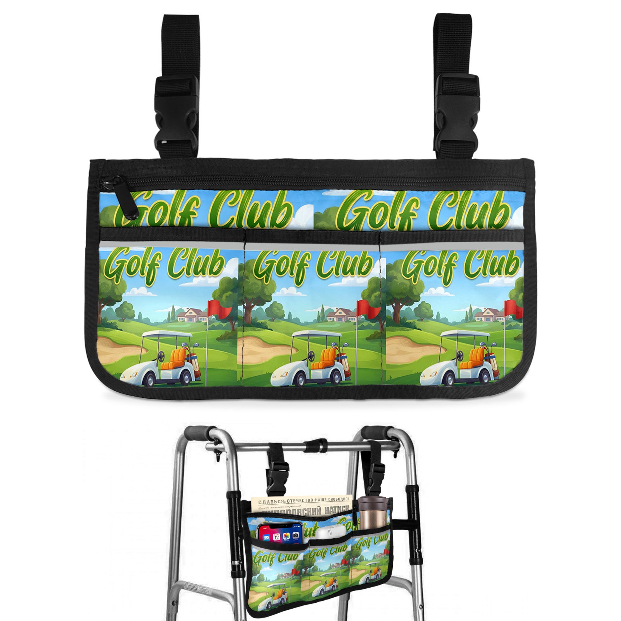 Golf Club Wheelchair Side Bag with Cup Holder, Cartoon Golf Cart Balls Sport Grass Wheelchair Armrest Bag Storage Pouch Adults, Seniors for Walkers, Rollator, Scooter