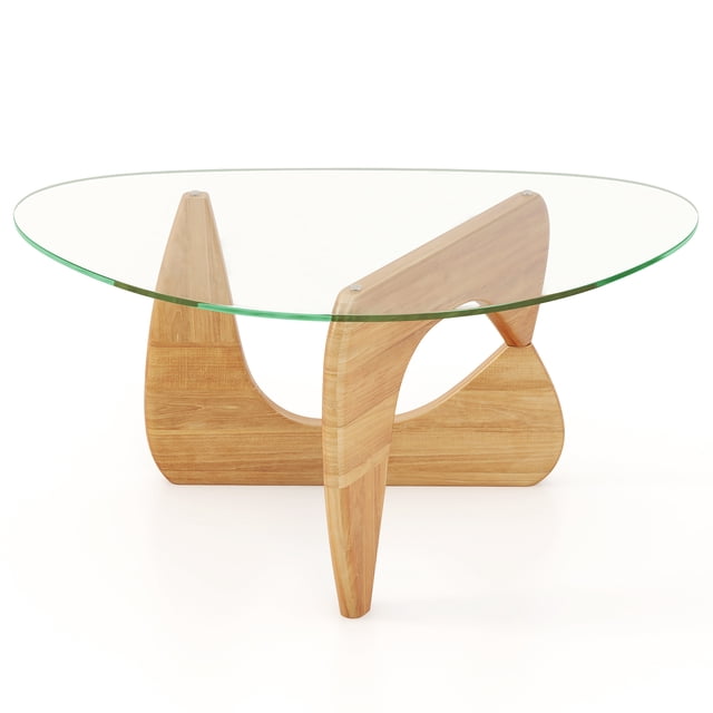 Gymax Table Basse Triangulaire avec Dessus en Verre Trempé et Base en Bois de Caoutchouc Réglable