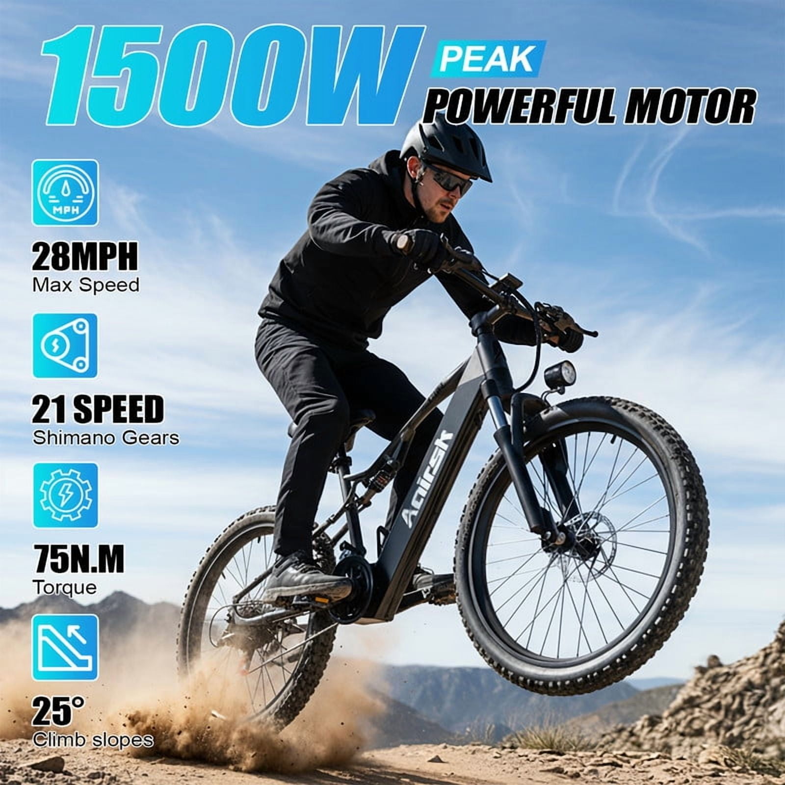 Aairsk XT90 1500W Peek Motor 28MPH Ebike For Adults,48V 20AH Battery,26" Electric Bike With Full Suspension UL2849