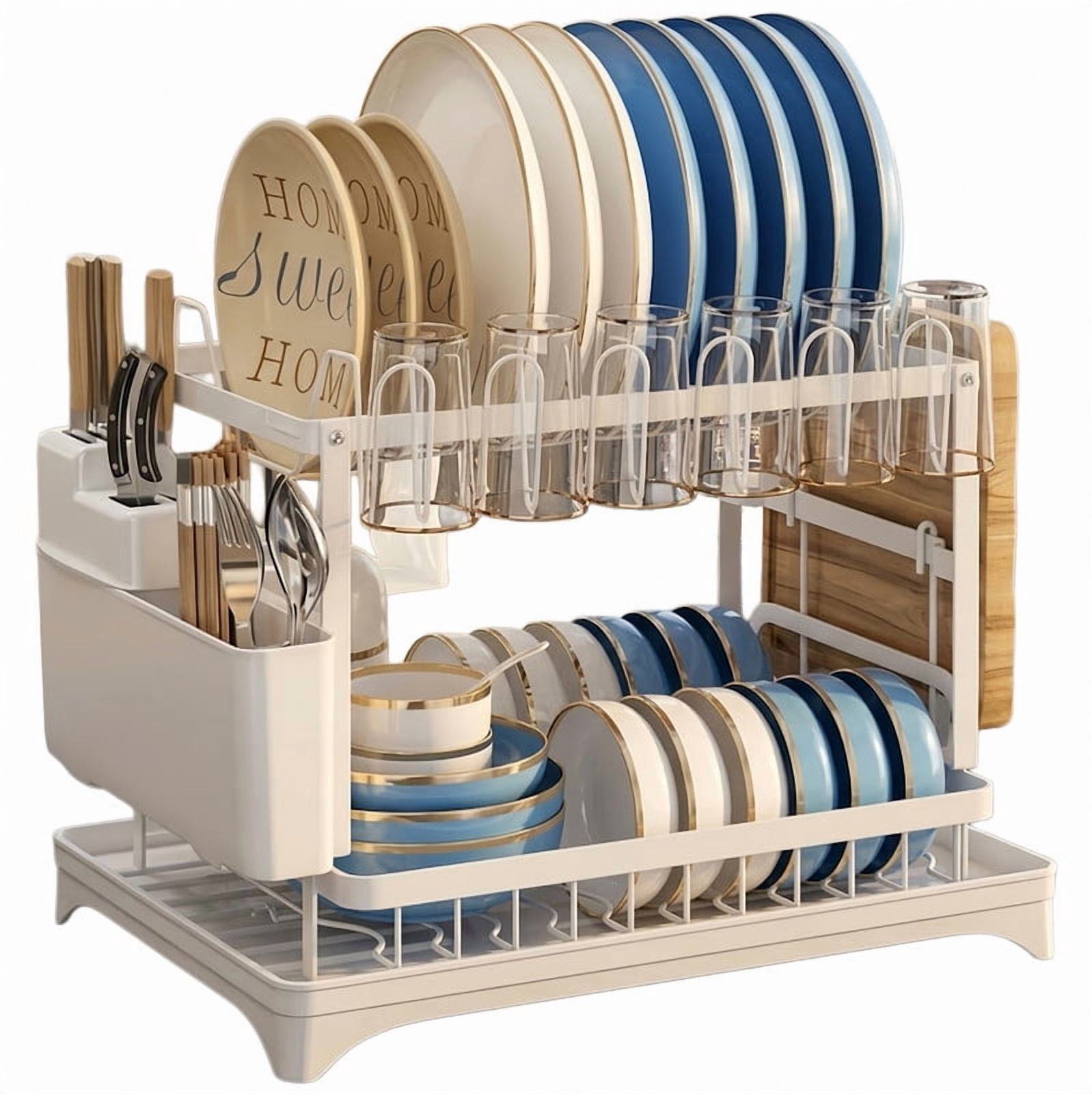 Dish Drying Rack, 2 Tier Large Dish Drying Rack for Kitchen Counter with Drainboard Stainless Steel Dish Drainer for Dish/Knifes/Cup/Cutting Board