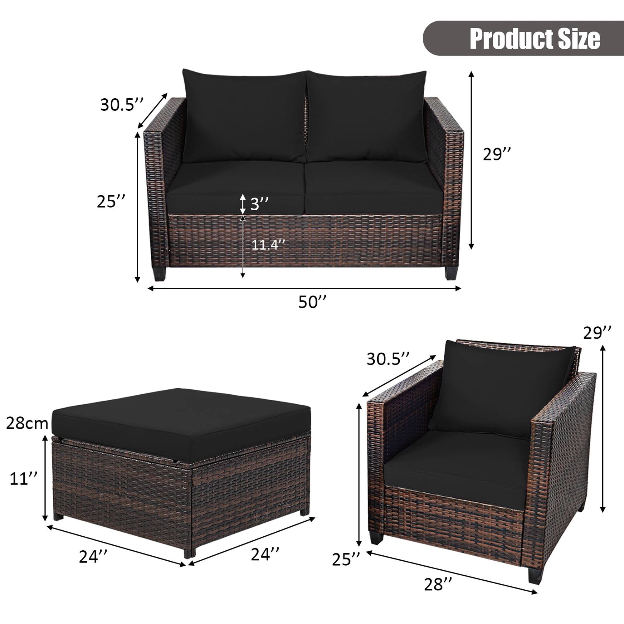 Costway 5PCS Patio Rattan Furniture Set Loveseat Sofa Ottoman Cushioned Black
