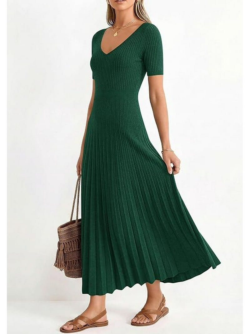 spring knit dresses Prettygarden Women's Spring Midi Sweater Dresses Elegant Pleated Ribbed Knit Short Sleeve V Neck A Line Summer Outfits, Size: XL, Green