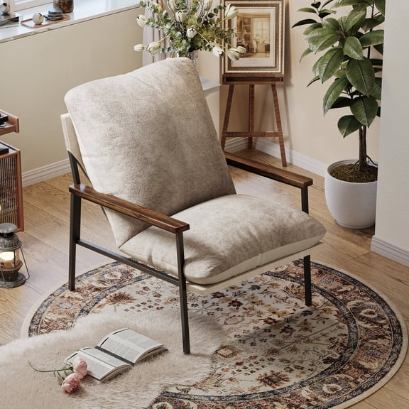 LUNIVO Accent Chair Line Fabric Upholstered Armchair, Reading Club Chair with Pillow for Living Room Bedroom Furniture Beige