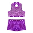 thumbnail image 3 of Sxiwei Kids Girls Shiny Sequins Mock Neck Crop Top with Booty Shorts Set Gymnastics Dancewear Purple 6, 3 of 7