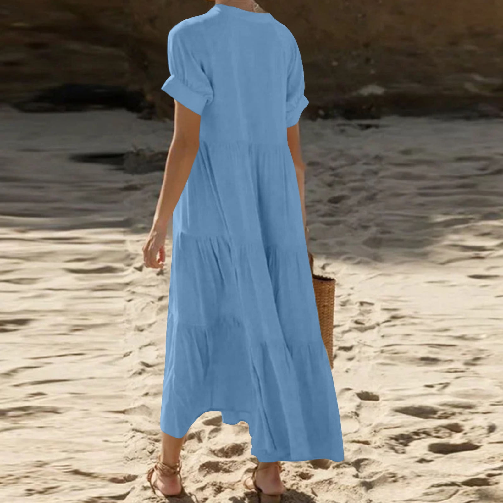 Sentmoon Party Dress Comfy 2026 Solid Color Casual Summer Dresses for Women Short Sleeve V Neck Button Down Bohemian Pleated Breathable Regular Fit Sundresses for Women