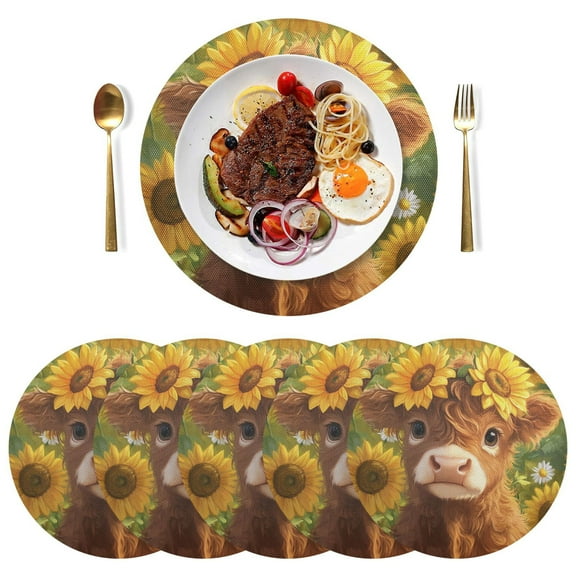 Round Placemats Plate Mats 15 Inch Non-Slip Heat Resistant Washable PVC Set Table Decoration for Kitchen Dining Cute Highland Cow