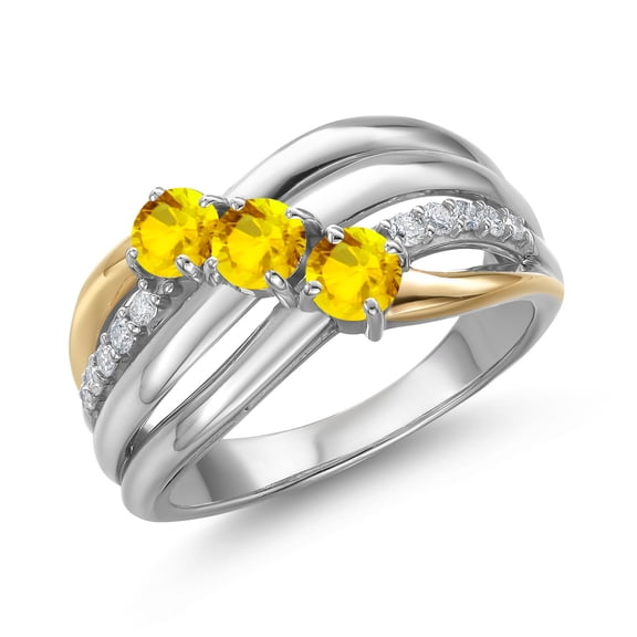 Gem Stone King 925 Silver and 10K Yellow Gold Yellow Sapphire and Lab Grown Diamond Engagement Ring for Women | 1.23 Cttw | Round 4MM | September Birthstone | Size 6