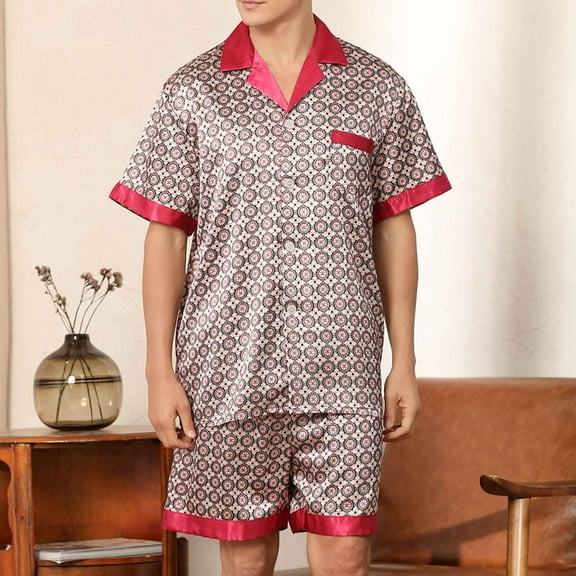 AXXD Men PJS Clearance 2 Piece Short Set,Men Solid Casual Button Closure Print Short-sleeve Pajama Shorts Set With Pockets