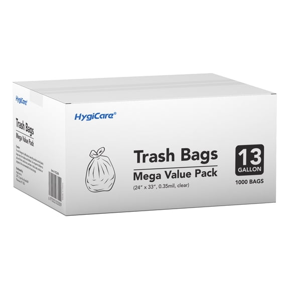 HygiCare 13 Gallon Trash Bags, 1000 Count Mega Value Pack, Clear Tall Kitchen Garbage Bags, Unscented, Leakproof & Extra Strong, Multipurpose