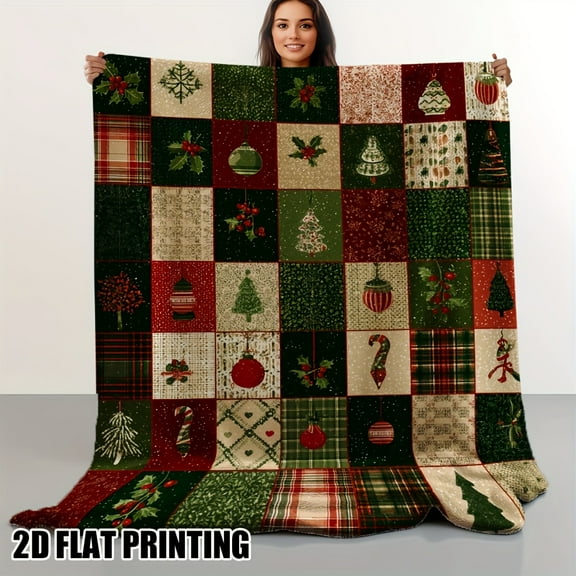 1pc Vintage Christmas Patchwork Quilt Throw Blanket - Super Soft Flannel Bedspread with Green, Red, Golden, White, Brown, Black Plaid & Solid Patterns - All-Season Couch, Bed, Chair Decor - Cozy Holi