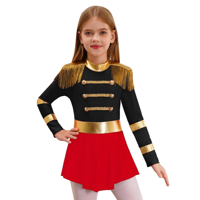 Jhaoyu Robe de Danse Cirque Ringmaster pour Filles Justaucorps Manches Longues à Franges Combinaisons Noires 6