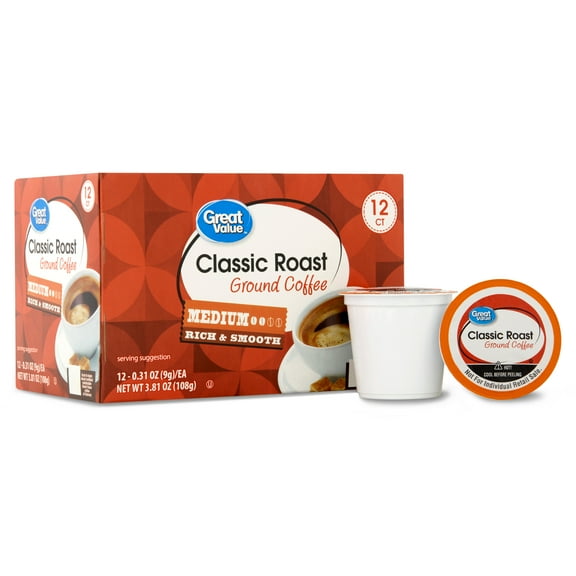Great Value Classic Roast Ground Coffee Pods, 12 Count