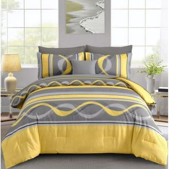 Yellow Comforter Set King Size,8 Pieces Bed in a Bag Patchwork Striped Bedding Sets,Boho Soft Microfiber Bedding Set for All Season(104"×90")