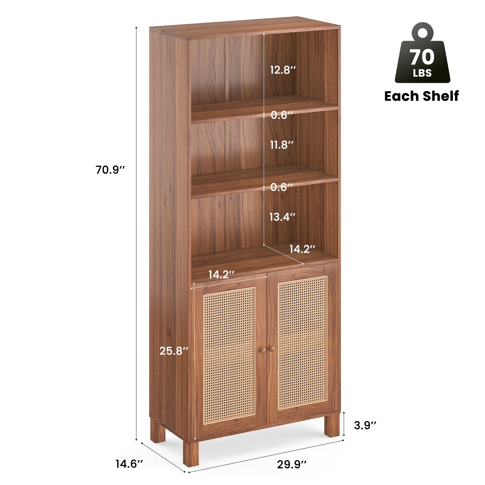 Aukfa Tall Storage Cabinet with Rattan Doors, 5-Tier Wooden Bookcase, Farmhouse Multi-Purpose Cabinet for Living Room,Walnut