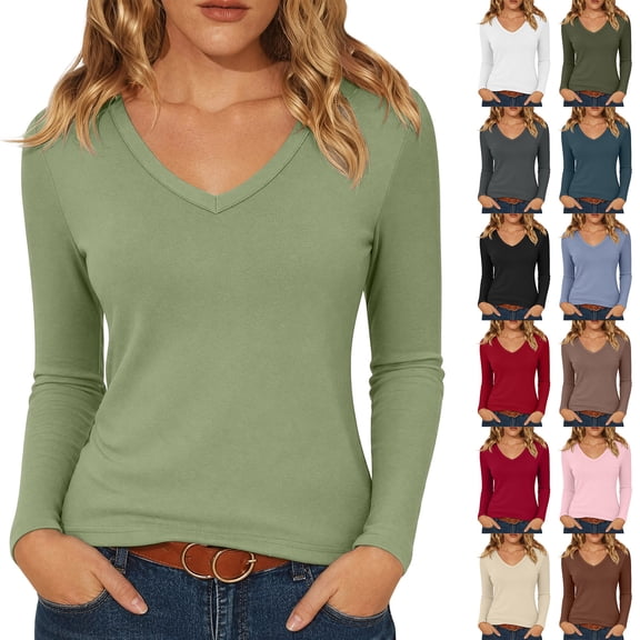 NominalSnug Long Sleeve Shirts for Women V Neck T Shirts Stretchy Plain Basic Tee Loose Fit Soft Fall Tops