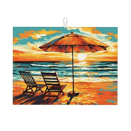 

Dish Drying Mats for Kitchen Counter - Beach Umbrella Sunset 18x24in Dish Drying Pad Coffee Mat with Hanging Loop Super Absorbent Kitchen Counter Mat Coffee Bar Accessories