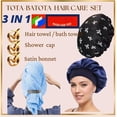 thumbnail image 2 of Microfiber Hair Towel Wrap & Satin Bonnet Set for Women - 3-in-1 Hair Drying Towel,  Shower Cap & Silk Sleep Bonnet for Curly, Long & Thick Hair - Anti-Frizz Heatless Hair Care (Blue), 2 of 6