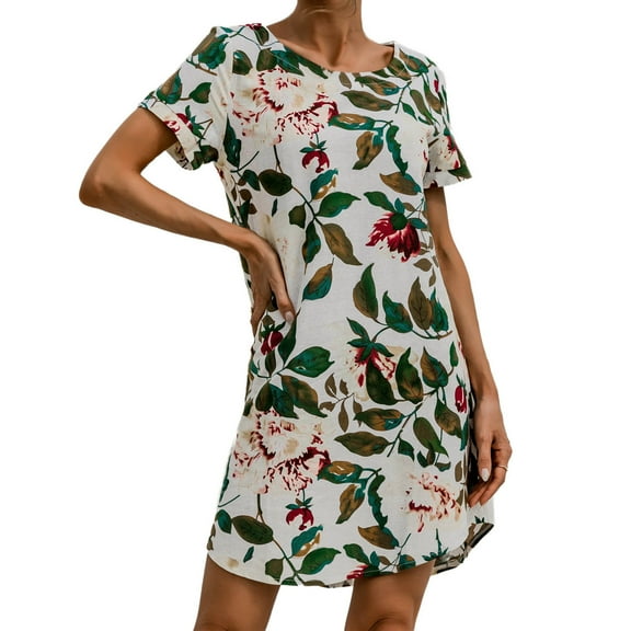 Womens Fall Dresses Knee-Length Women's Cotton And Linen Flower Printing Crew Neck Short Sleeve Mini Dress Beige L