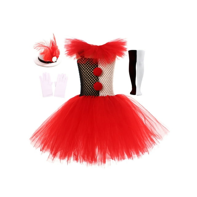 SUNSIOM Déguisements d'Halloween pour Fille Enfant Clown Robe de Cosplay Tulle Tutu Clown Robe Chapeau Gants Bas Ensemble de Fête
