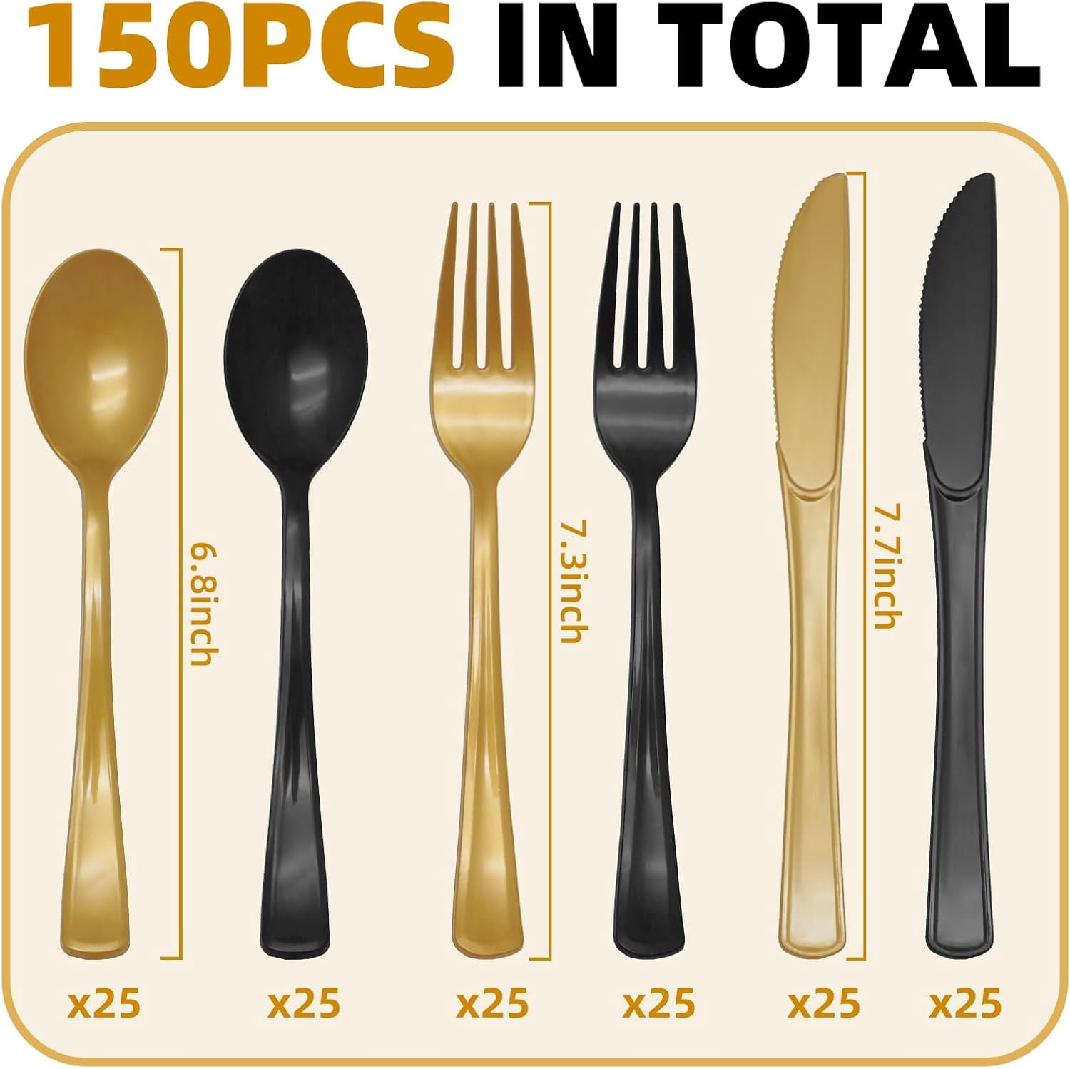 150 PCS Black and Gold Plastic Silverware Heavy Duty Black and Gold Plastic Cutlery Tableware Sets Includes Spoons Forks Knives for Birthday, 2026 Graduation Party