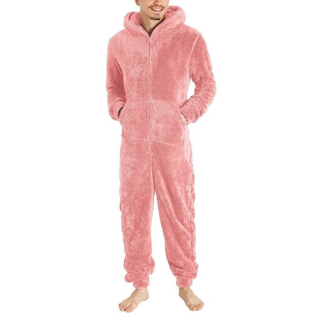 UAMVSH Mens Fuzzy Fleece Hooded Jumpsuits Warm Plus Size Long Sleeve Zipper Plush Pajama Onesies with Pockets Winter One-Piece Rompers(SmallPink)