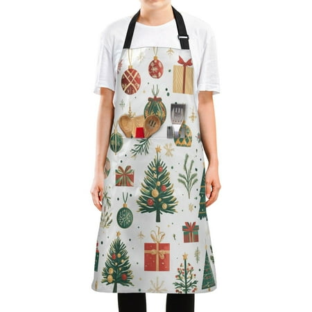 

WOBOGO Christmas Elements Clipart Long Apron Waterdrop Resistant with 2 Pockets Cooking Kitchen Chef Apron for Women Men