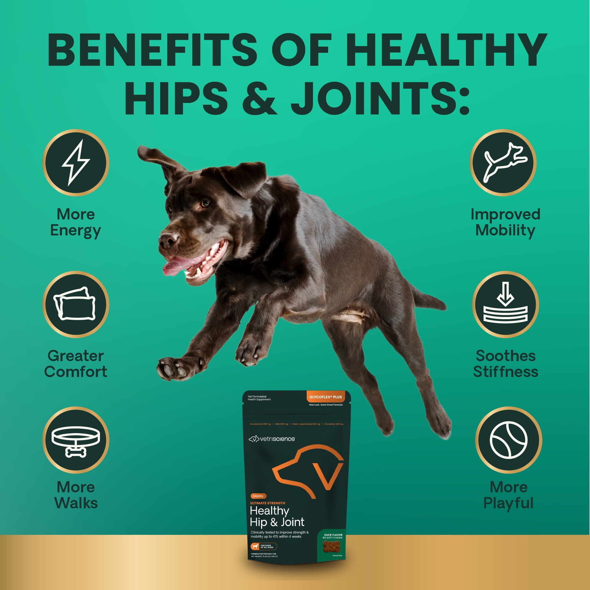 VetriScience Ultimate Strength Healthy Hip & Joint Glucosamine Supplement Chew for Dogs, Duck, 30 Count Bag
