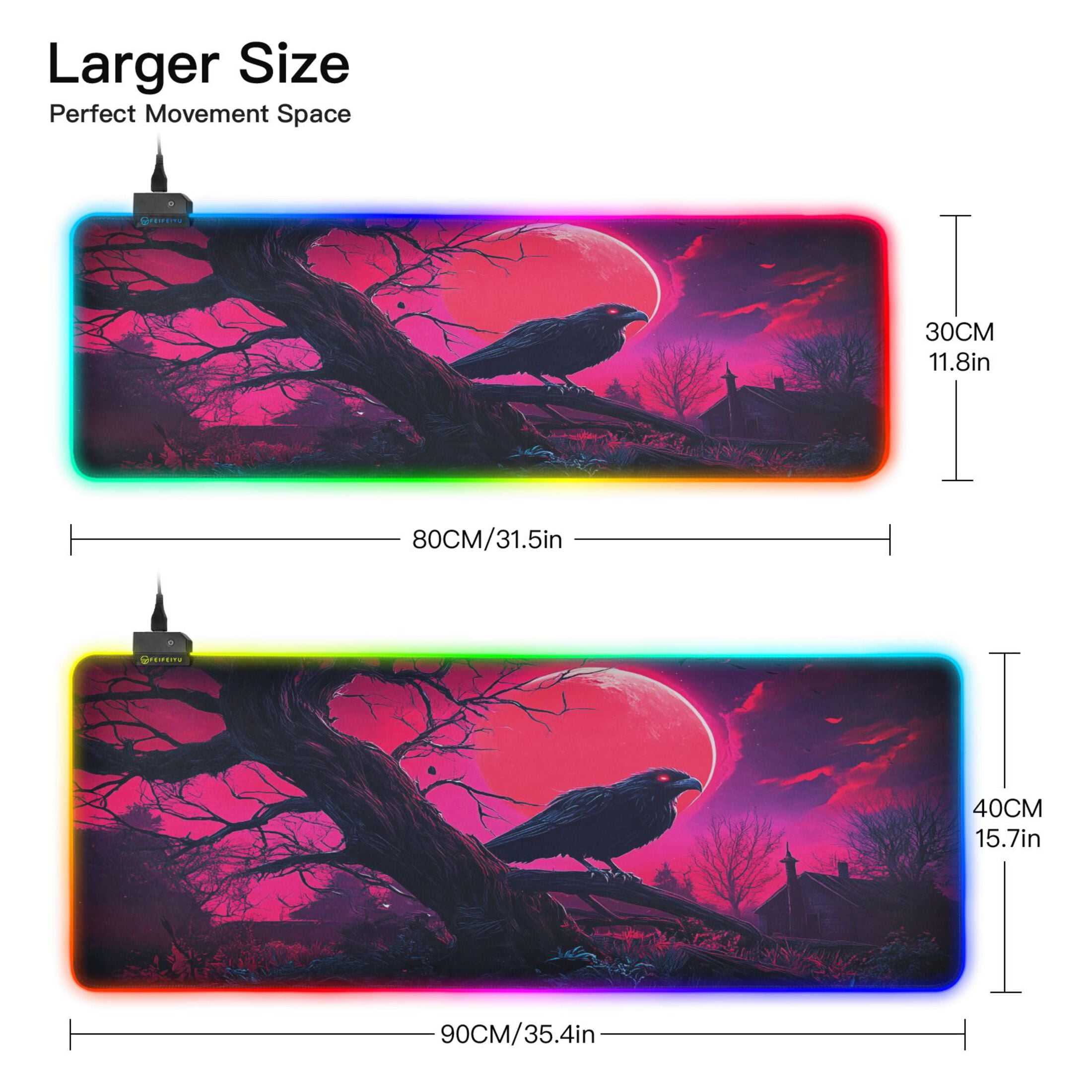 Haosy RGB Led Gaming Mouse Pad Non-Slip Large Keyboard Desk Mat 13 Light Modes 31.5x11.8 inch Crow and Red Moon