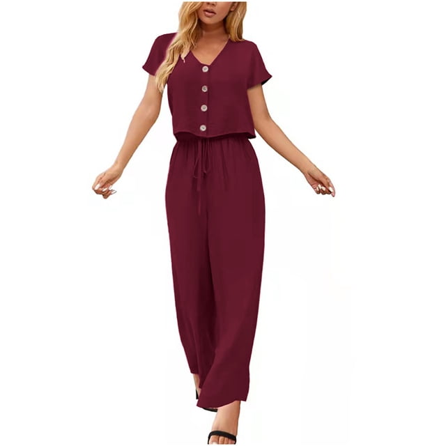 Womens Summer Lounge Matching Sets Short Sleeve Button V Neck Tops Drawstring Wide Leg Pants Casual Cotton Linen Sets