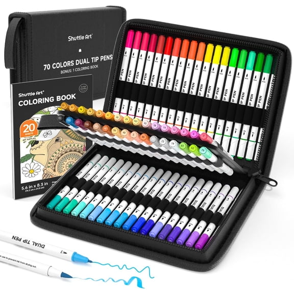Dual Tip Brush Pens Art Markers, Shuttle Art 70 Colors Fine and Brush Dual Tip Markers Set in Portable Case with 1 Coloring Book for Adult Artist Coloring