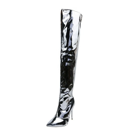 

GNEIKDEING Ladies Solid Color Bright Side Zipper Thin High Heel Over The Knee Boots Gift on Clearance