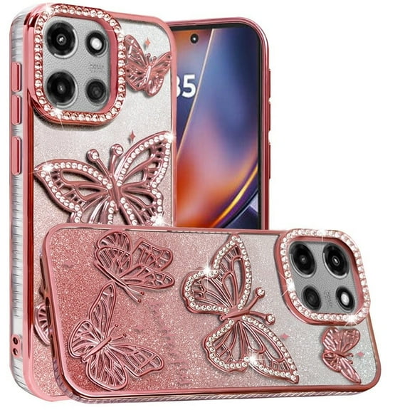 For Motorola Moto G 5G 2025 Butterfly Freedom Shimmer Glitter Thick TPU Case Cover - Rose Gold