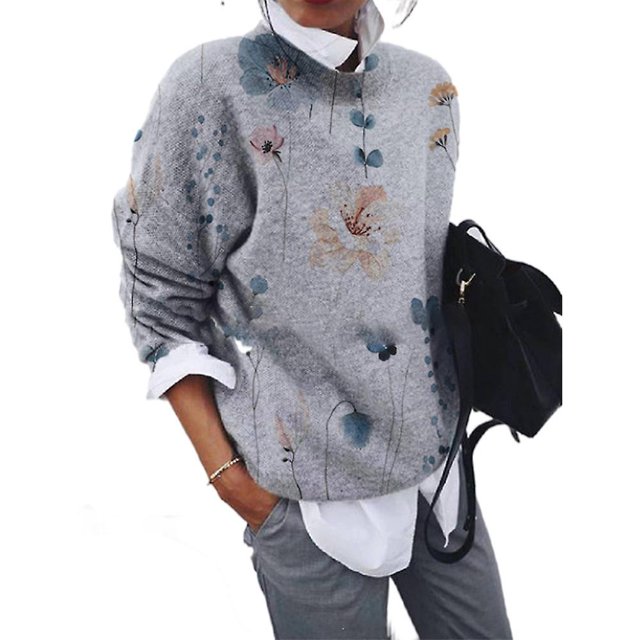 Pull Tricoté Tendance pour Femmes, Col Rond Décontracté, Manches Longues, Imprimé Floral