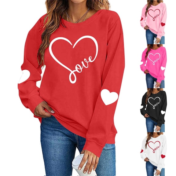 Itsame Long Sleeve Heart T-Shirts Women's Valentine's Sweatshirt Loose Crew Neck Tops Hot Pink Size XS