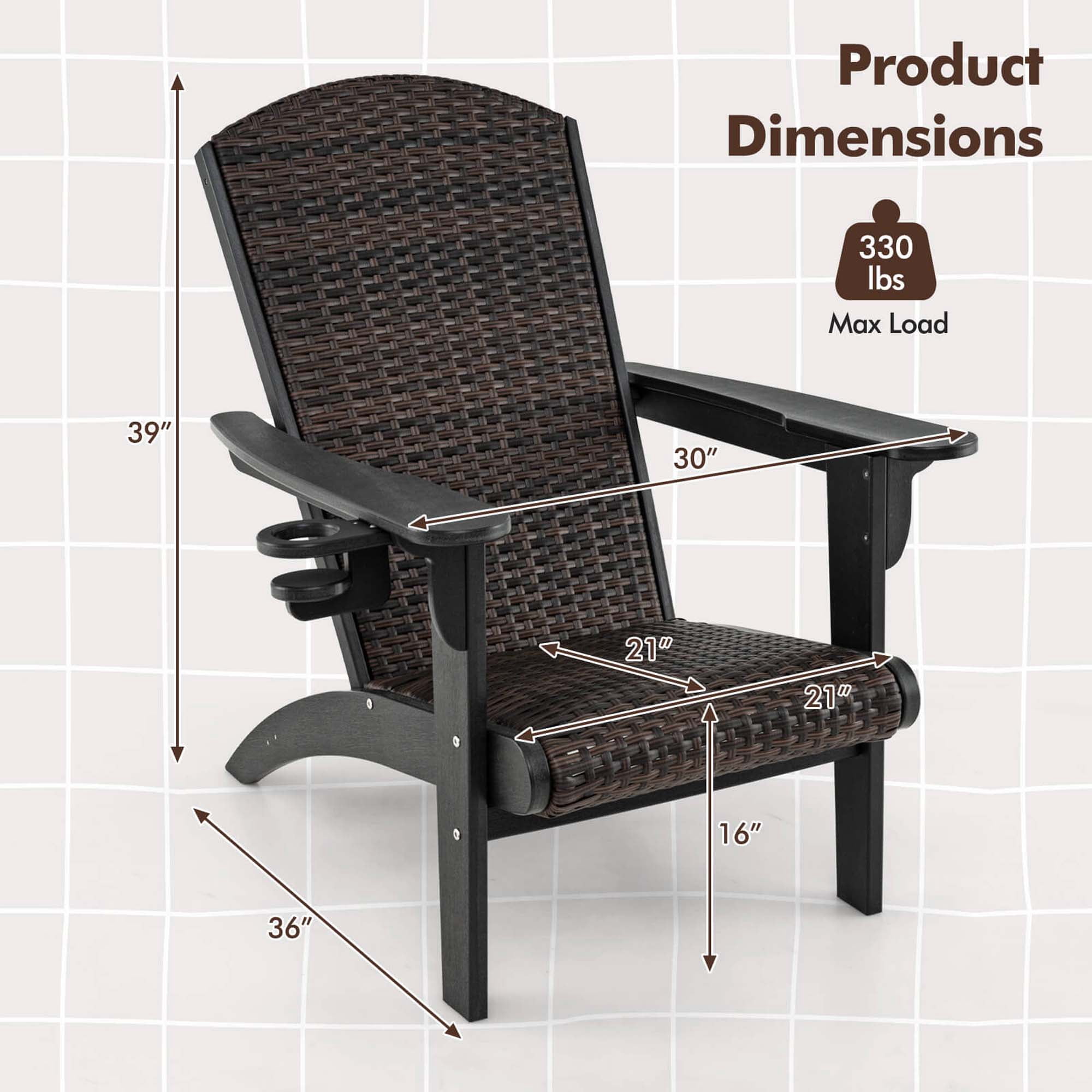 Costway Patio Adirondack Chair with Rattan Padded Seat Wide Armrests & Hidden Cupholder Black