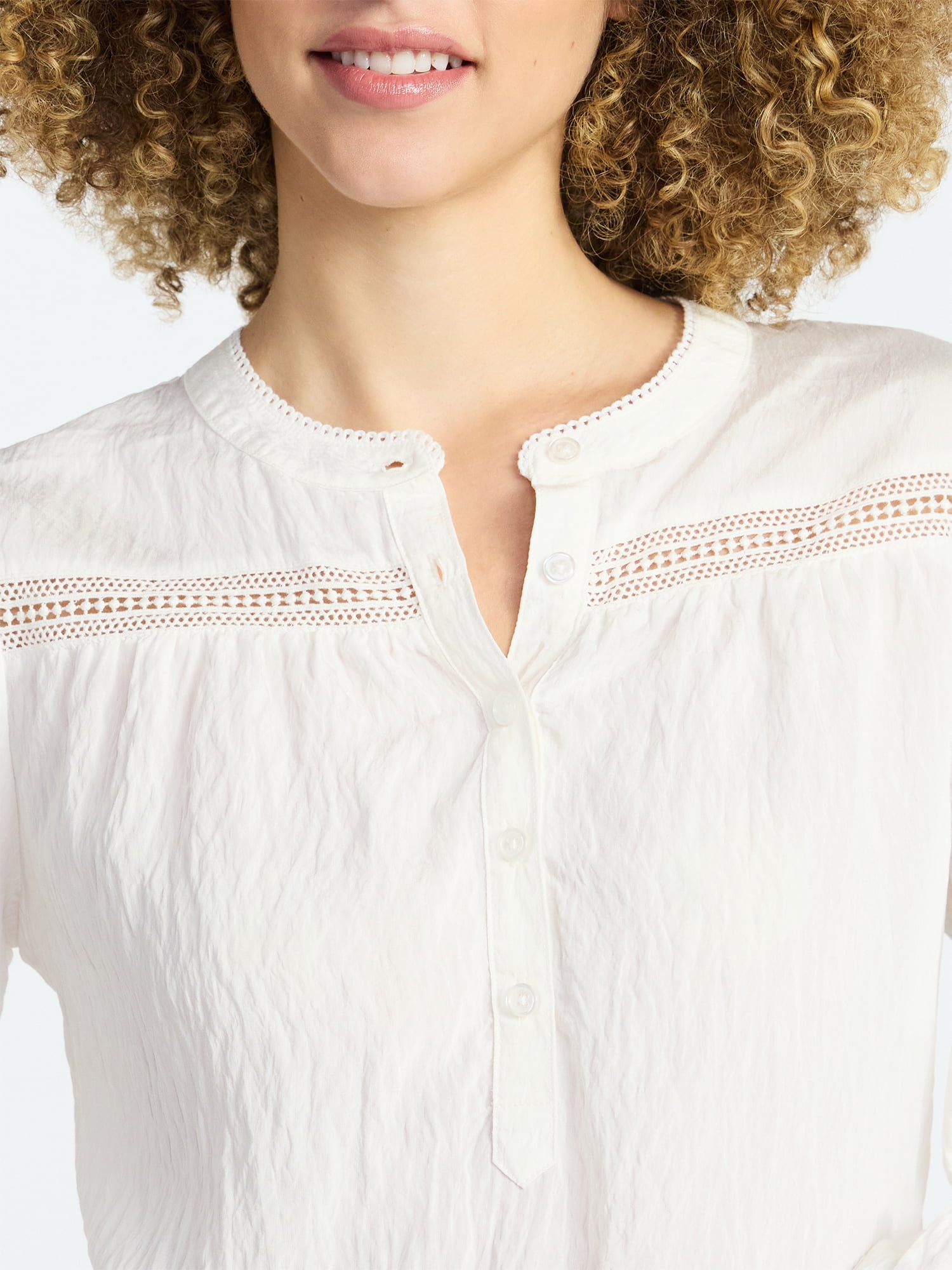 Time and Tru Women's Lace Yoke Half Button Shirt with Long Sleeves Sizes XS-XXXL
